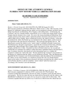 OFFICE OF THE ATTORNEY GENERAL FLORIDA NEW MOTOR VEHICLE ARBITRATION BOARD QUARTERLY CASE SUMMARIES July[removed]September[removed]3rd Quarter) JURISDICTION: Motor Vehicle §[removed]), F.S.