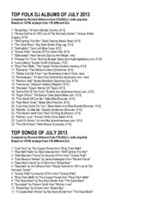 TOP FOLK DJ ALBUMS OF JULY 2013 Compiled by Richard Gillmann from FOLKDJ-L radio playlists Based on[removed]airplays from 135 different DJs 1. 