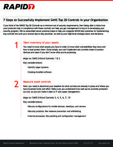 7 Steps to Successfully Implement SANS Top 20 Controls in your Organization If you think of the SANS Top 20 Controls as a minimum set of security requirements, then being able to show how your protocols map in compliance