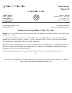 Sylvia R. Garcia  Texas Senate District 6 NEWS RELEASE