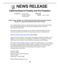 N EWS R ELEASE California Board of Forestry and Fire Protection CONTACT: George Gentry Executive Officer[removed]