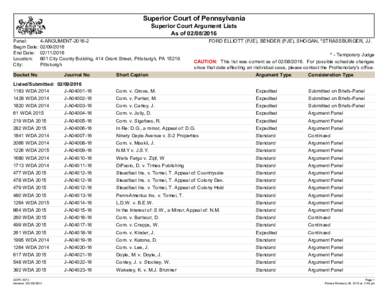 Superior Court of Pennsylvania Superior Court Argument Lists As ofPanel: Begin Date: End Date: