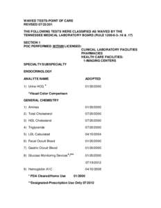 WAIVED TESTS-POINT OF CARE REVISED[removed]THE FOLLOWING TESTS WERE CLASSIFIED AS WAIVED BY THE TENNESSEE MEDICAL LABORATORY BOARD (RULE[removed] & .17) SECTION 1 POC PERFORMED WITHIN LICENSED: