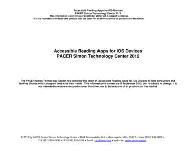 Accessible Reading Apps for iOS Devices PACER Simon Technology Center 2012 This information is current as of September 2012, but is subject to change. It is not intended to endorse one product over the other nor to be in