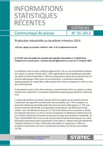 N° [removed]Production industrielle au deuxième trimestre 2013: 1.3% par rapport au premier trimestre, mais -3.1% en glissement annuel Le STATEC vient de publier les résultats des enquêtes mensuelles sur l’activité