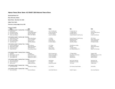 Alpaca Fleece Show Name: AC/CNASF 2009 National Fleece Show Sanctioned Show # 015 Place: Edmonton, Alberta Date of Show: November 6 &7, 2009 Judge: Cheryl Gehly Province or country judge is from: USA