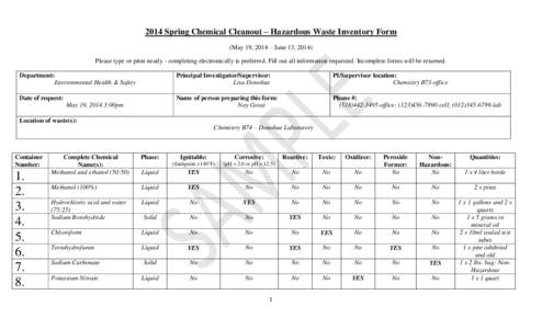 2014 Spring Chemical Cleanout – Hazardous Waste Inventory Form (May 19, 2014 – June 13, 2014) Please type or print neatly - completing electronically is preferred. Fill out all information requested. Incomplete forms