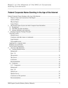 Report on the Influence of the DNS on Corporate Naming Conventions Federal Corporate Name-Granting in the Age of the Internet Federal Corporate Name-Granting in the Age of the Internet ...................................