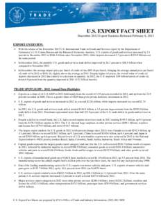 U.S. EXPORT FACT SHEET December 2012 Export Statistics Released February 8, 2013 EXPORT OVERVIEW:   With the release of the December 2012 U.S. International Trade in Goods and Services report by the Department of