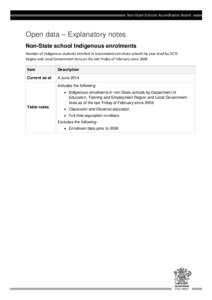 Open data – Explanatory notes Non-State school Indigenous enrolments Number of Indigenous students enrolled in Queensland non-State schools by year level by DETE Region and Local Government Area on the last Friday of F