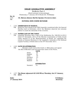 DELHI LEGISLATIVE ASSEMBLY Bulletin Part-I (Brief summary of proceedings) Wednesday,1st January 2014/Paush 08, 1935(Saka) No