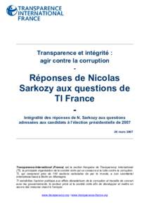 Transparence et intégrité : agir contre la corruption - Réponses de Nicolas Sarkozy aux questions de