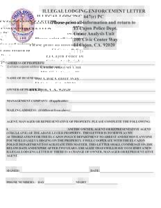 ILLEGAL LODGING ENFORCEMENT LETTER 647(e) PC Please print all information and return to El Cajon Police Dept. Crime Analysis Unit 100 Civic Center Way