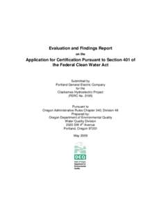 Evaluation and Findings Report on the Application for Certification Pursuant to Section 401 of the Federal Clean Water Act
