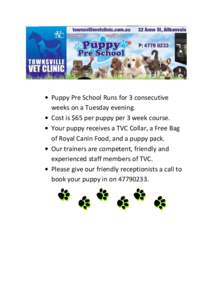  Puppy Pre School Runs for 3 consecutive weeks on a Tuesday evening.  Cost is $65 per puppy per 3 week course.  Your puppy receives a TVC Collar, a Free Bag of Royal Canin Food, and a puppy pack.  Our trainer