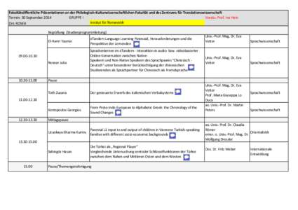Fakultätsöffentliche Präsentationen an der Philologisch-Kulturwissenschaftlichen Fakultät und des Zentrums für Translationswissenschaft Vorsitz: Prof. Ina Hein Termin: 30 September 2014 GRUPPE I Institut für