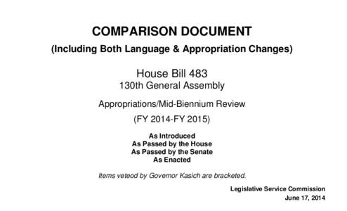 COMPARISON DOCUMENT (Including Both Language & Appropriation Changes) House Bill 483 130th General Assembly Appropriations/Mid-Biennium Review