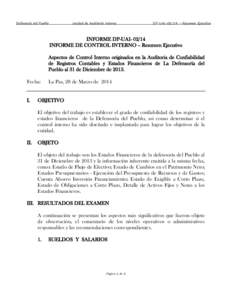 Defensoría del Pueblo  Unidad de Auditoría Interna DP-UAI-02/14 – Resumen Ejecutivo