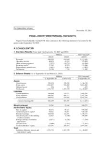 For immediate release November 13, 2003 FISCAL 2003 INTERIM FINANCIAL HIGHLIGHTS Nippon Yusen Kabushiki Kaisha(NYK Line) announces the following statement of accounts for the period ended September 30, 2003.