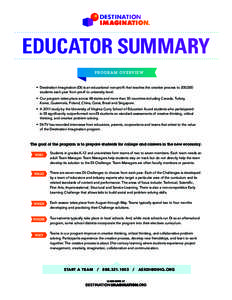 EDUCATOR SUMMARY PROGRAM OVERVIEW  Destination Imagination (DI) is an educational non-profit that teaches the creative process to 200,000 students each year from pre-K to university level.  Our program takes plac