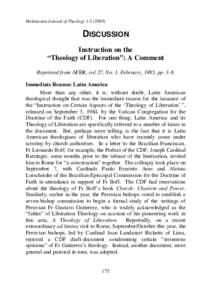 Melanesian Journal of TheologyDISCUSSION Instruction on the “Theology of Liberation”: A Comment Reprinted from AFER, vol 27, No. 1, February, 1985, pp. 3-8.