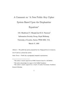 A Comment on \A New Public{Key Cipher System Based Upon the Diophantine Equations