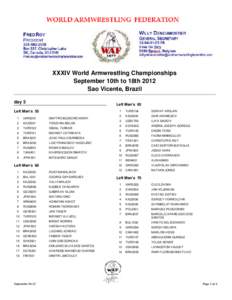 XXXIV World Armwrestling Championships September 10th to 18th 2012 Sao Vicente, Brazil