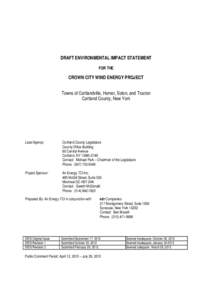 DRAFT ENVIRONMENTAL IMPACT STATEMENT FOR THE CROWN CITY WIND ENERGY PROJECT Towns of Cortlandville, Homer, Solon, and Truxton Cortland County, New York