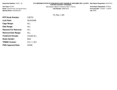 Experiment Number: [removed]P18: INCIDENCE RATES OF NON-NEOPLASTIC LESIONS BY ANATOMIC SITE (a) WITH AVERAGE SEVERITY GRADES[b]  Test Type: 90-DAY