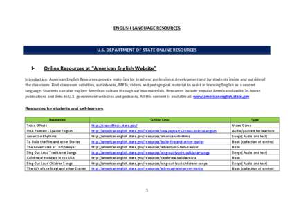 ENGLISH LANGUAGE RESOURCES  U.S. DEPARTMENT OF STATE ONLINE RESOURCES I-
