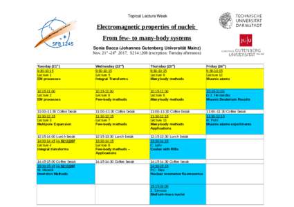 Topical Lecture Week  Electromagnetic properties of nuclei: From few- to many-body systems Sonia Bacca (Johannes Gutenberg Universität Mainz) Nov. 21st -24th 2017, S214 | 208 (exception: Tuesday afternoon)