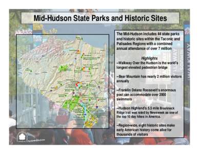 Mid-Hudson State Parks and Historic Sites The Mid-Hudson includes 44 state parks and historic sites within the Taconic and Palisades Regions with a combined annual attendance of over 7 million Highlights