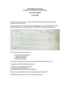 Crystal Motional Parameters A Comparison of Measurement Approaches Jack R. Smith K8ZOA 11 JuneThis paper compares results of a variety of alternative techniques to measure the motional