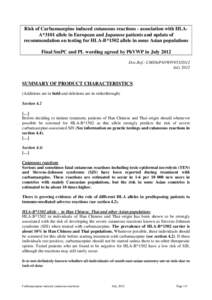 Risk of Carbamazepine induced cutaneous reactions - association with HLAA*3101 allele in European and Japanese patients and update of recommendation on testing for HLA-B*1502 allele in some Asian populations Final SmPC a
