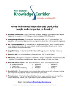 Home to the most innovative and productive people and companies in America!  Academic Powerhouse – One of the country’s highest academic concentrations and largest capacities for research, with 41 colleges and uni