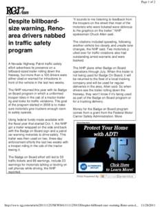 Page 1 of 2  Despite billboardsize warning, Renoarea drivers nabbed in traffic safety program A Nevada Highway Patrol traffic safety