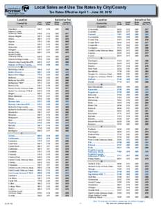 Local Sales and Use Tax Rates by City/County Tax Rates Effective April 1 - June 30, 2012 Location  Sales/Use Tax