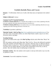 Grade: Fourth/Fifth Footballs, Baseballs, Pianos, and Crayons Purpose – To differentiate which uses of cattle, other than meat, are important in the student’s life. Subjects Addressed: Literacy Common Core/NC Essenti