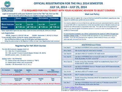 OFFICIAL REGISTRATION FOR THE FALL 2014 SEMESTER JULY 14, 2014 – JULY 25, 2014 IT IS REQUIRED FOR YOU TO MEET WITH YOUR ACADEMIC ADVISOR TO SELECT COURSES Wait List Policy