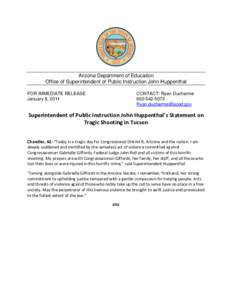 Superintendent of Public Instruction John Huppenthal’s Statement on Tragic Shooting in Tucson