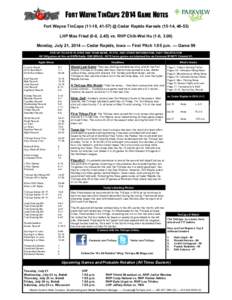 FORT WAYNE TINCAPS 2014 GAME NOTES Fort Wayne TinCaps[removed], 41-57) @ Cedar Rapids Kernels[removed], [removed]LHP Max Fried (0-0, 2.45) vs. RHP Chih-Wei Hu (1-0, 3.00) Monday, July 21, 2014 — Cedar Rapids, Iowa — First 