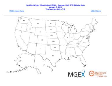 Hard Red Winter Wheat Index (HRWI) : Average Daily DTN Bids by State January 7, 2016 Total average bids = 749 MGEX Index Home  MGEX Home