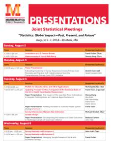 PRESENTATIONS Joint Statistical Meetings “Statistics: Global Impact—Past, Present, and Future” August 2-7, 2014—Boston, MA Sunday, August 3 Time