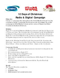 12 Days of Christmas: Radio & Digital Campaign Objective Create a campaign that strengthens the Schell Brothers brand but also combines charity, community involvement and advertising. Focus this