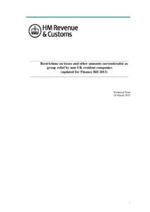 Restrictions on losses and other amounts surrenderable as group relief by non-UK resident companies (updated for Finance Bill 2013)