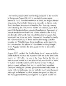 I have many reasons that led me to participate in the actions at Bangor on August 10, 2015, most of them are quite personal. I was born in Bremerton in 1945, on August 8th to be precise. My birthday became a reminder as 