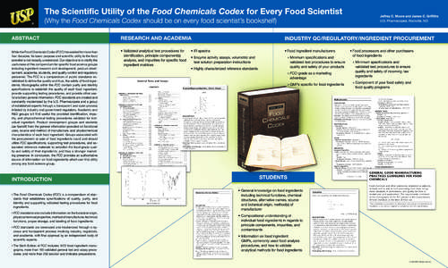 The Scientific Utility of the Food Chemicals Codex for Every Food Scientist  Jeffrey C. Moore and James C. Griffiths U.S. Pharmacopeia, Rockville, MD  (Why the Food Chemicals Codex should be on every food scientist’s b