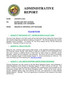 ADMINISTRATIVE REPORT DATE: AUGUST 9, 2013