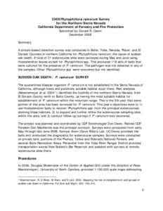 2008P hytophthora ram orum Survey for the Northern Sierra Nevada California Department of Forestry and Fire Protection Submitted by Donald R. Owen December 2008 Summary