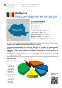 ROMANIA SWISS CONTRIBUTION: 181 MILLION CHF Country information Population: 21.4 millions Area: 238‘391 km2 GDP growth: 2.5%